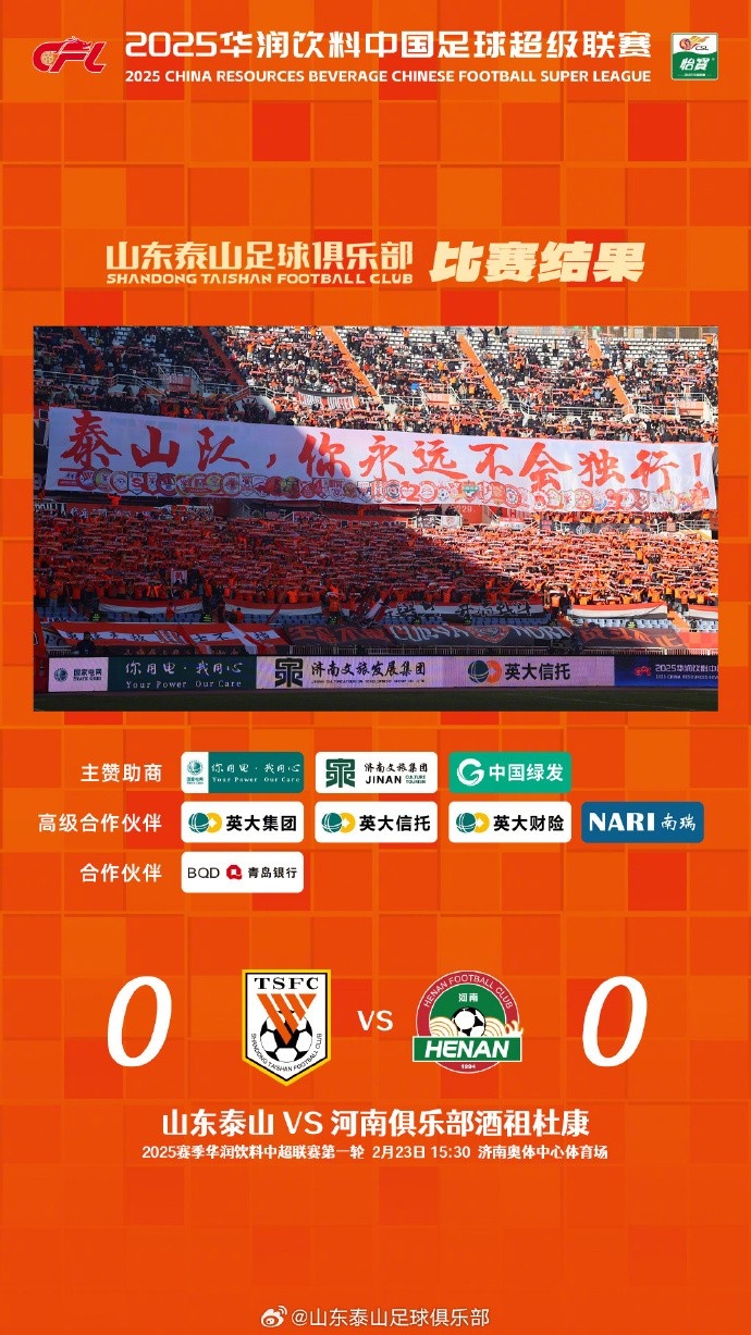 中超首戰(zhàn)，泰山隊(duì)雖未取勝，但全隊(duì)展現(xiàn)出了頑強(qiáng)的拼搏精神