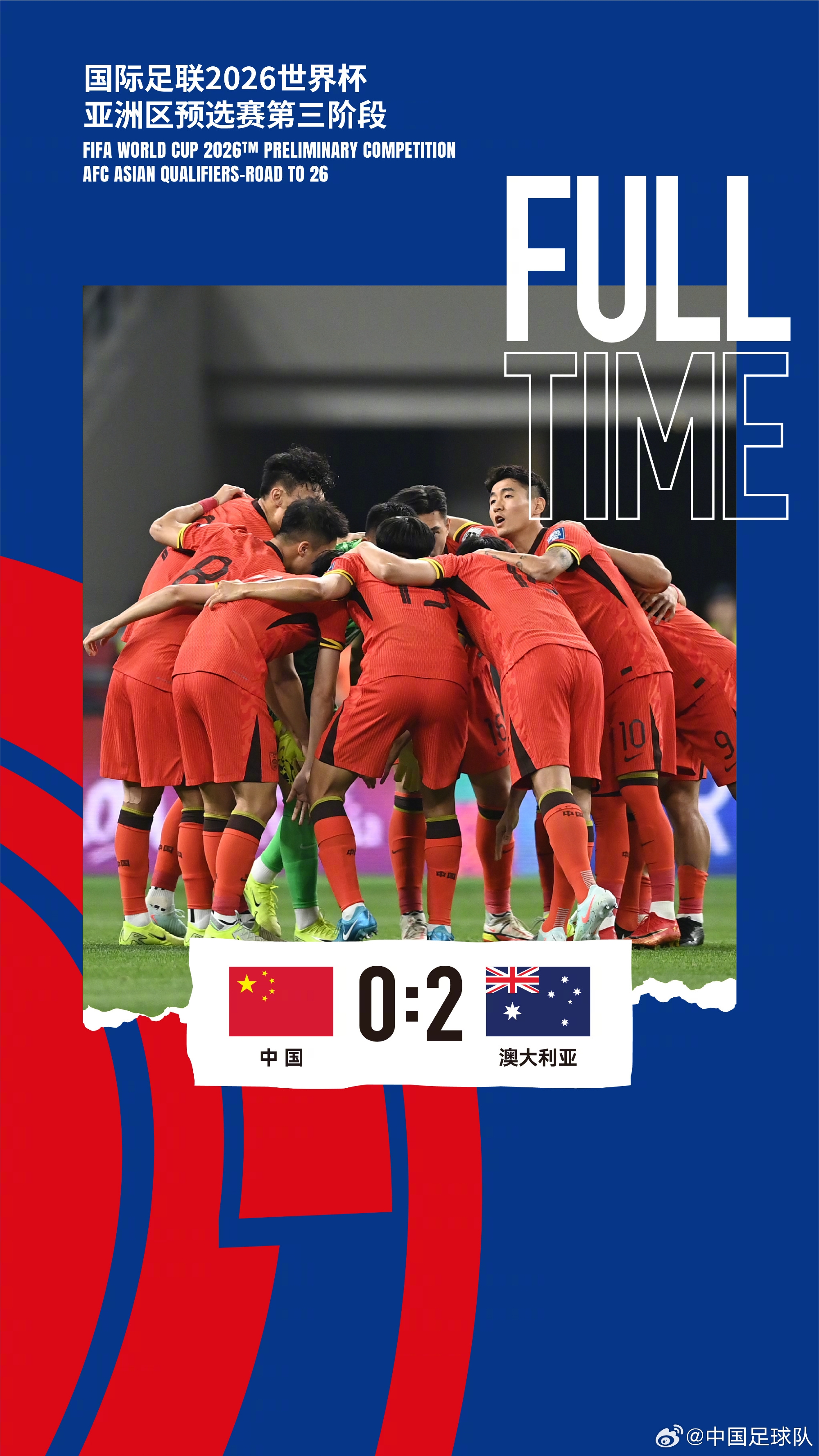 美加墨世界杯亞洲區(qū)預(yù)選賽第三階段第八輪，中國隊0-2澳大利亞隊